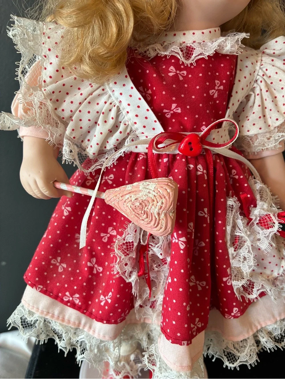 Vintage Red Polka-Trim Girl porcelain Doll with Blonde Hair